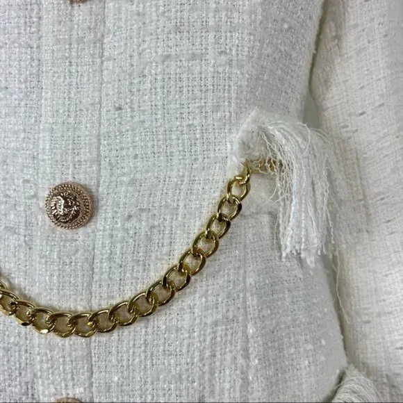 Luxdress Chunky Chain Fringe Button Front Long Sleeve Tweed Mini Dress - Picture 3 of 10